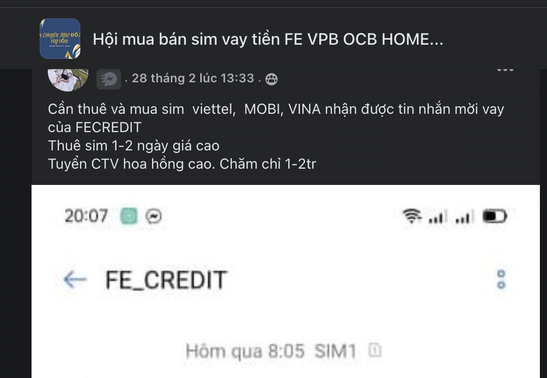 Dịch Vụ Thuê Sim Vay Fe Credit Giá 4 Triệu Đồng Tràn Lan Trên Facebook