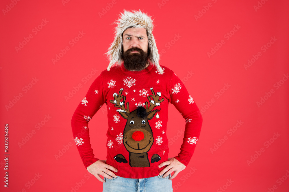 Buy Festive Clothing. Sweater With Deer. Hipster Bearded Man Wear Winter  Sweater And Hat. Happy New Year. Join Holiday Party Craze And Host Ugly  Christmas Sweater Party. Winter Party Outfit Photos |