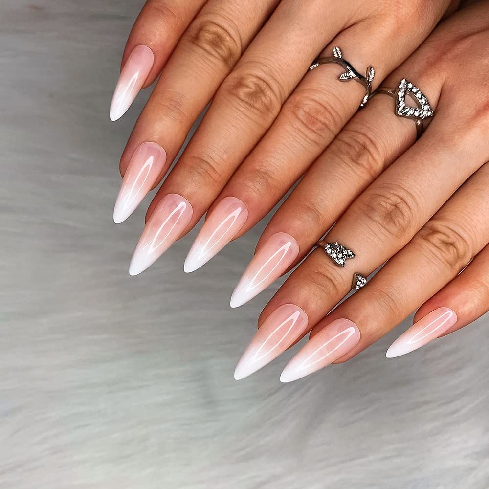 Amazon.Com: Morily 24Pcs Fake Nails White Pink French Ombre Medium Long  Stiletto Almond Press On Nail False Tips Artificial Finger Manicure For  Women And Girls (French Ombre) : Beauty & Personal Care