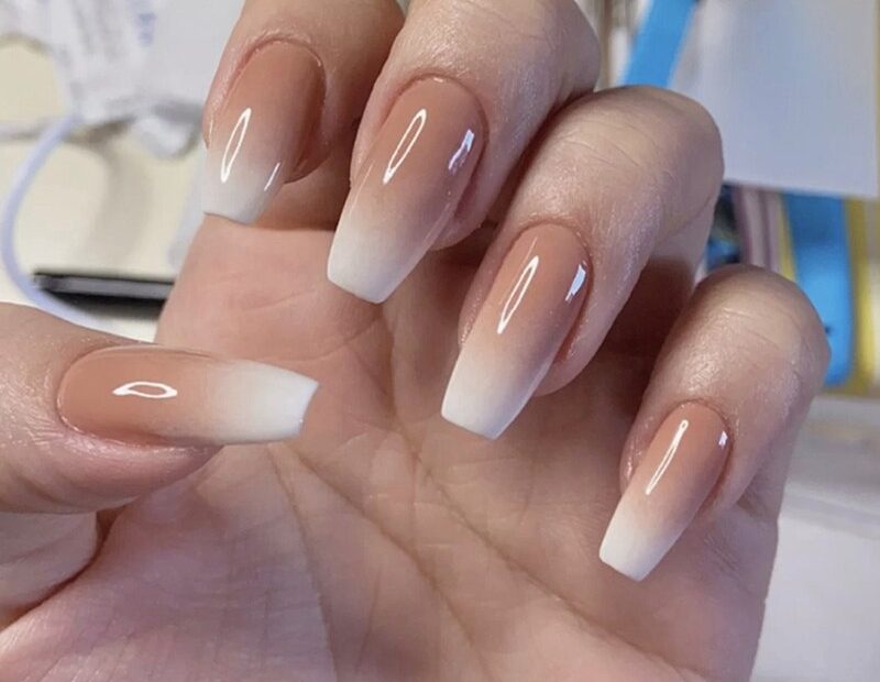 Glossy Ombre Pink Nude White French Ballerina Coffin False Nail Gradient  Natural Press On Ballet Fake Nails Tips Reusable Wear