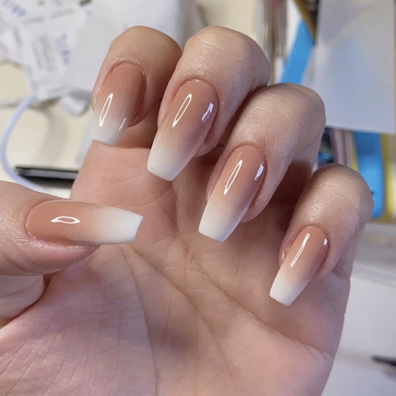 Glossy Ombre Pink Nude White French Ballerina Coffin False Nail Gradient  Natural Press On Ballet Fake Nails Tips Reusable Wear