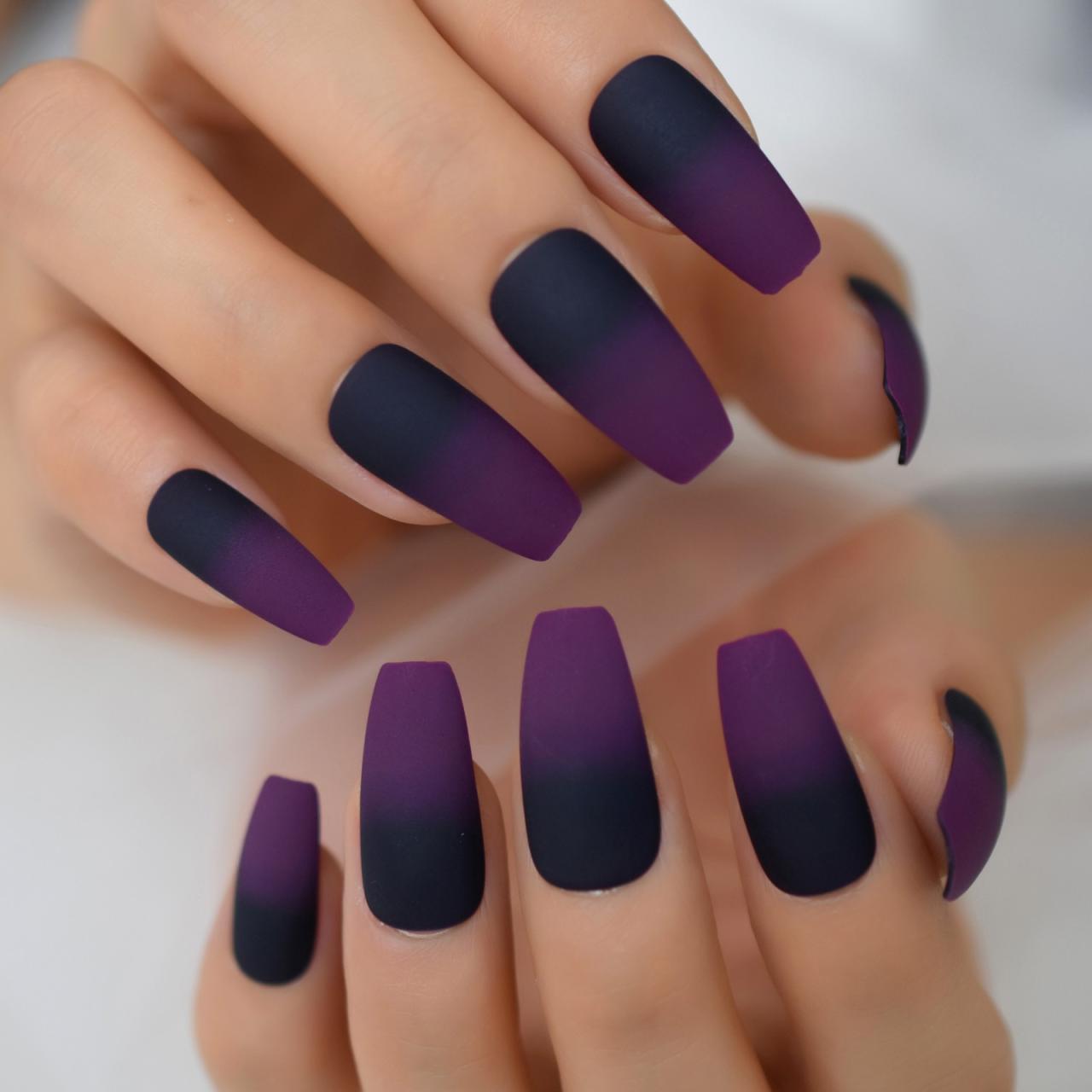 Matte Flat Coffin French Nails Fake Press On Long Medium Ombre Purple Black  Reusable Artificial Nails Acrylic Nail Art Tips