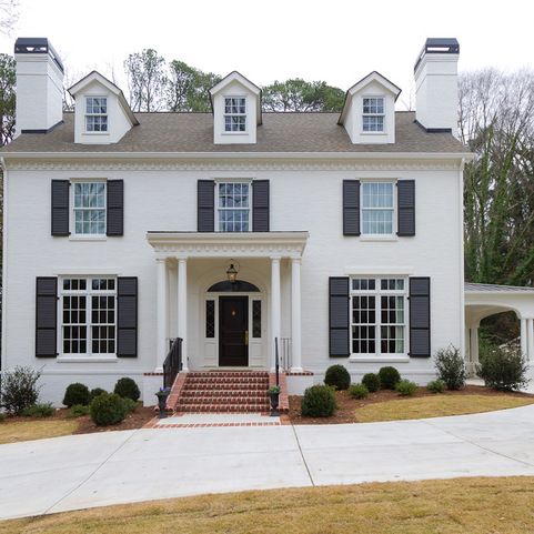 White House Gray Shutters Design Ideas, Pictures, Remodel And Decor |  Painted White Brick House, White Brick Houses, Painted Brick House