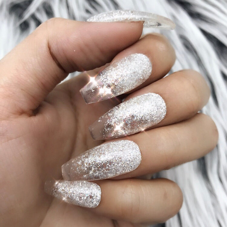 Clear Ombre Nails | Silver Glitter Press On Nails