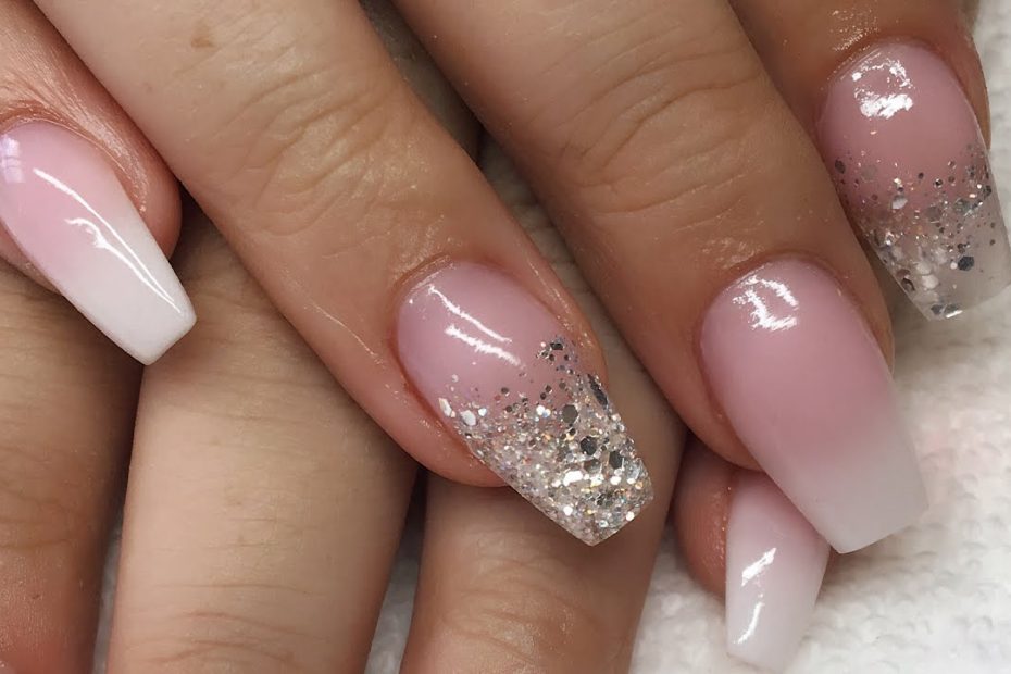 Acrylic Nails | Pink And White Ombre | Silver Glitter - Youtube
