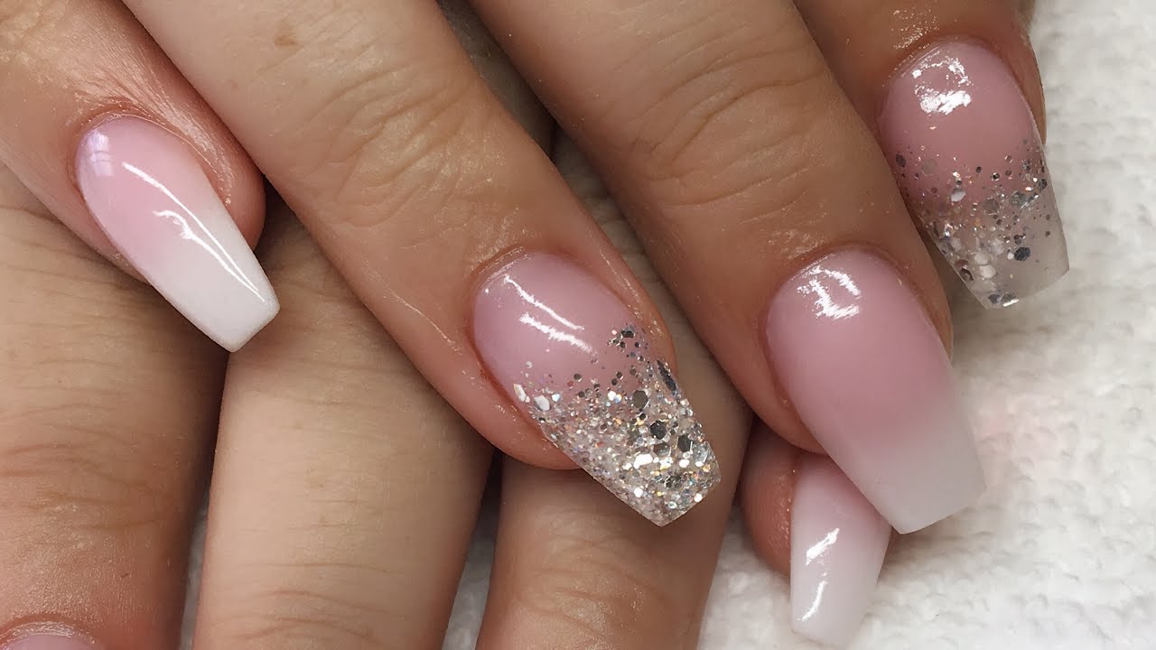 Acrylic Nails | Pink And White Ombre | Silver Glitter - Youtube